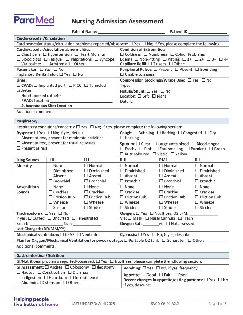 Nursing Admission Assessment