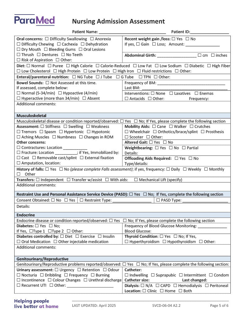 Nursing Admission Assessment