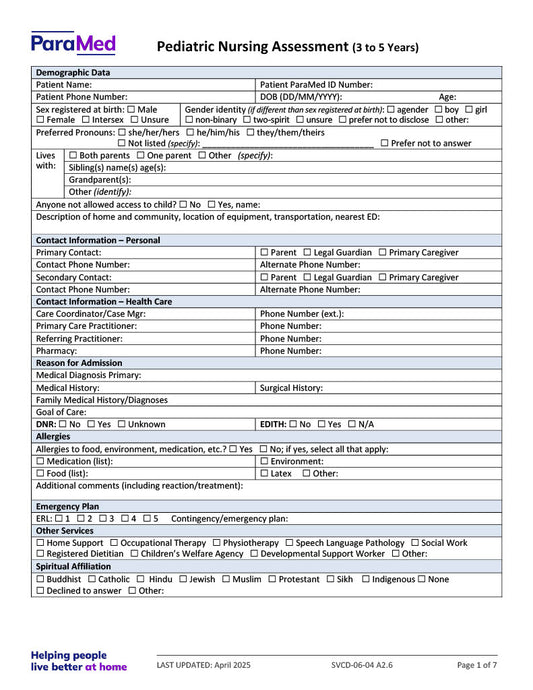 Pediatric Nursing Assessment (3-5 Years)