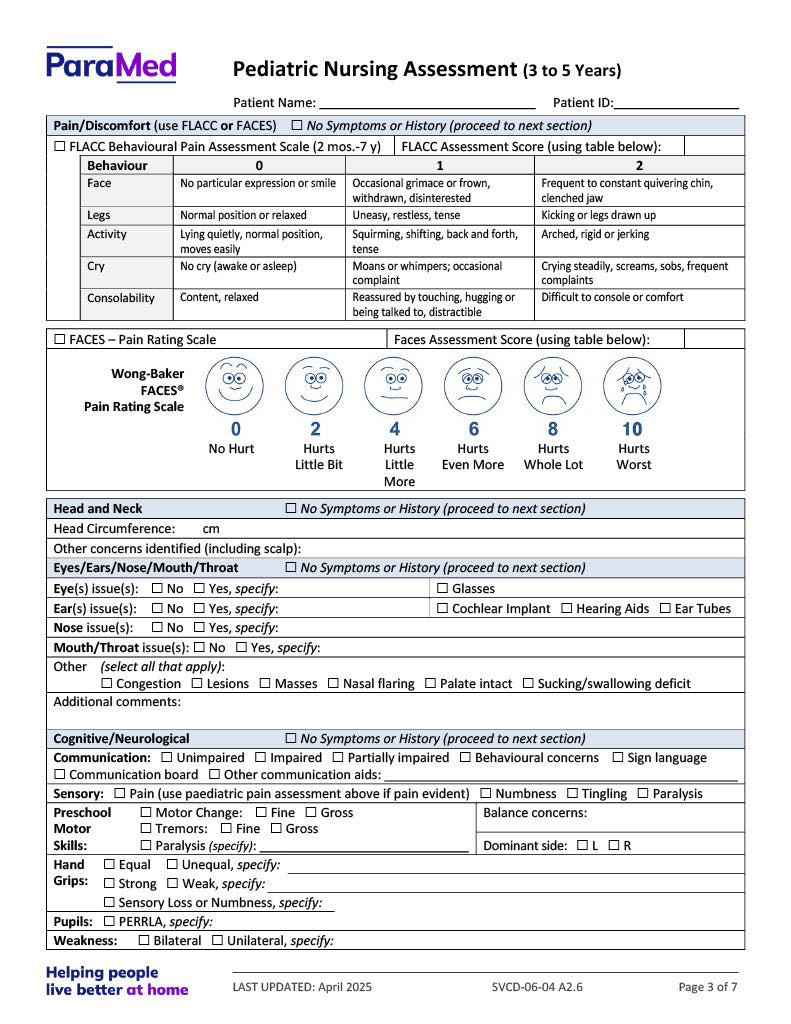 Pediatric Nursing Assessment (3-5 Years)