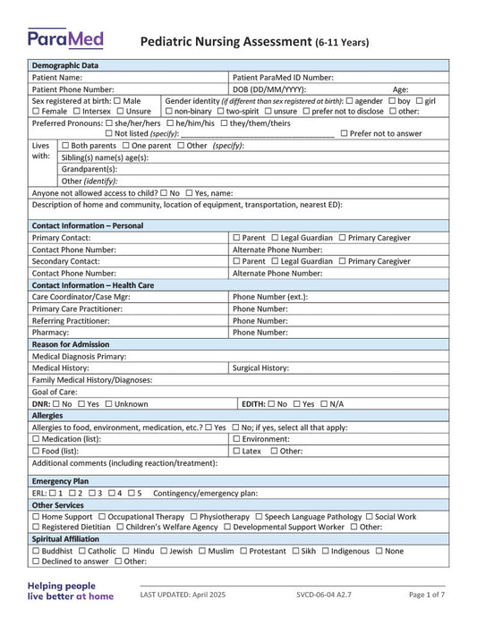 Pediatric Nursing Assessment (6-11 Years)