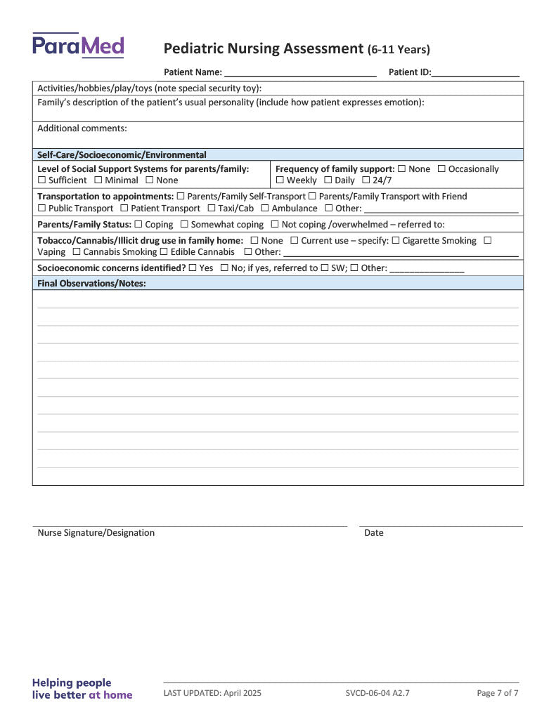Pediatric Nursing Assessment (6-11 Years)