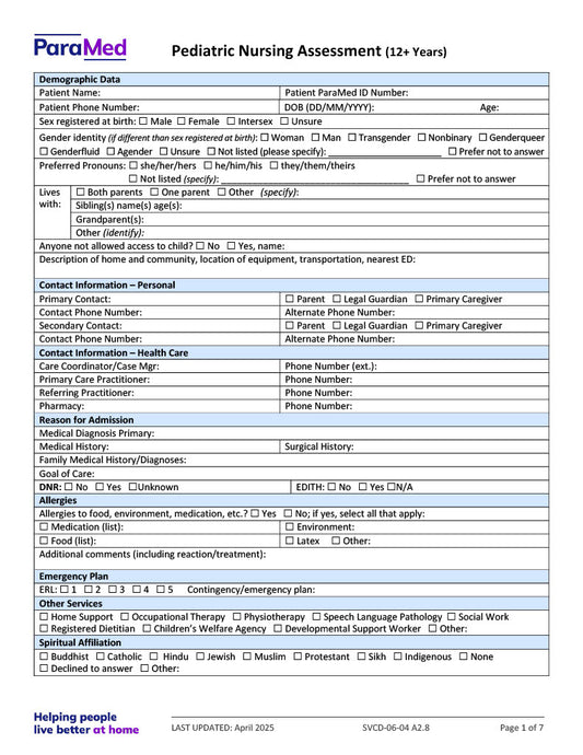 Pediatric Nursing Assessment (12+ Years)