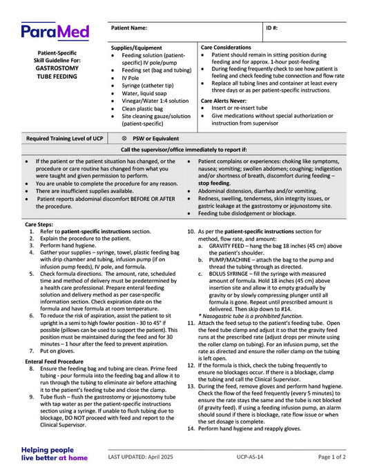 Gastrostomy Tube Feeding (Skill Guideline)
