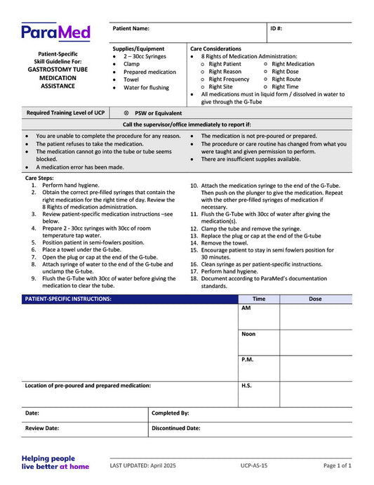 Gastrostomy Tube Medication Assistance (Skill Guideline)