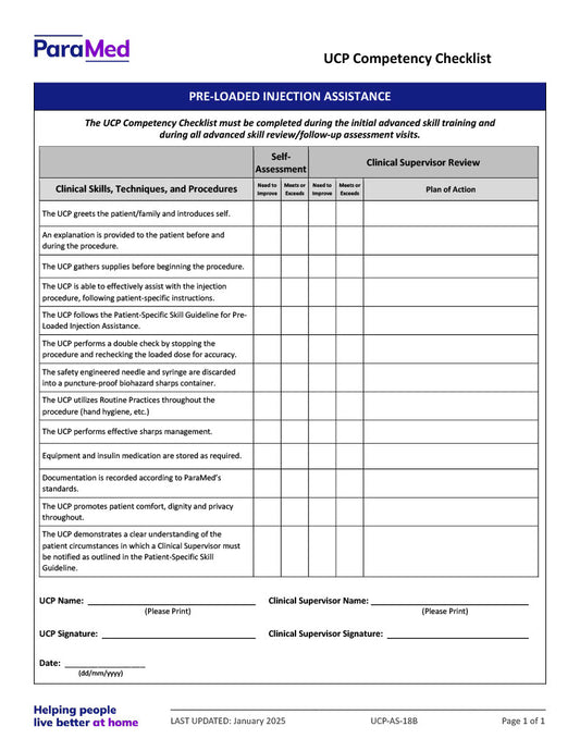 Pre-Loaded Injection Assistance (Competency Checklist)