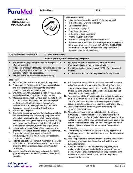 Mechanical Lifts (Skill Guideline)