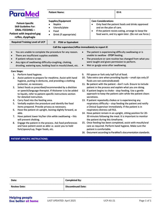 Oral Feeding - Patient With Impaired Gag Reflex, Dysphagia (Skill Guideline)