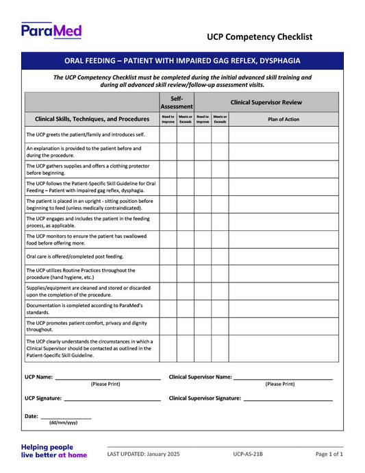 Oral Feeding - Patient With Impaired Gag Reflex, Dysphagia (Competency Checklist)