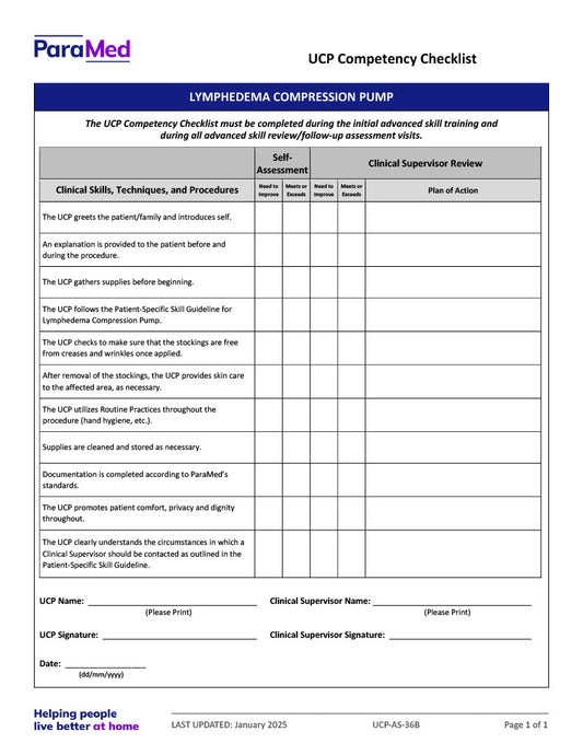 Lymphedema Compression Pump (Competency Checklist)