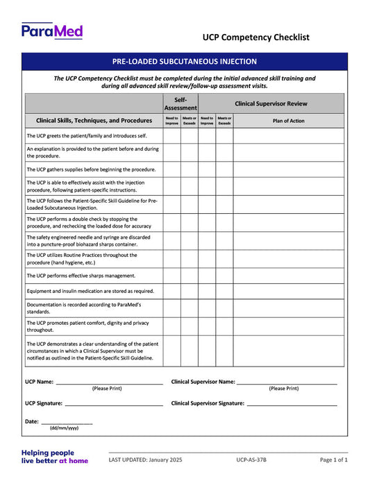 Pre-Loaded Subcutaneous Injection (Competency Checklist)