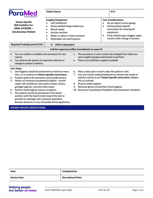 Oral Hygiene - Unconscious Patient (Skill Guideline)