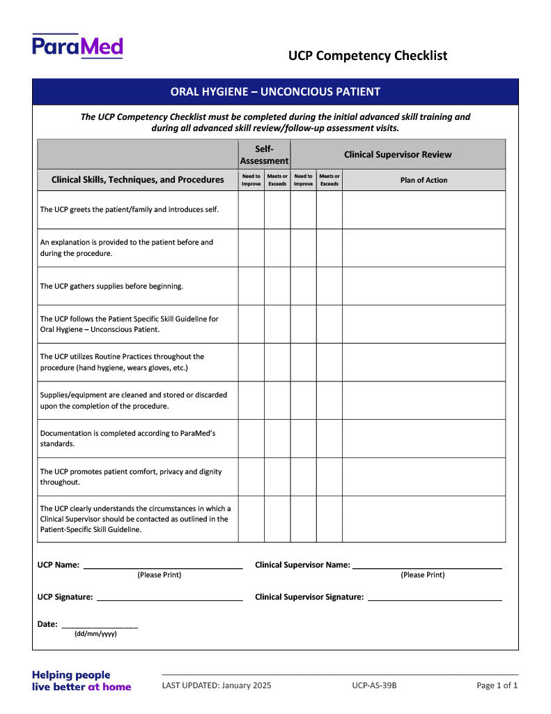 Oral Hygiene - Unconscious Patient (Competency Checklist)