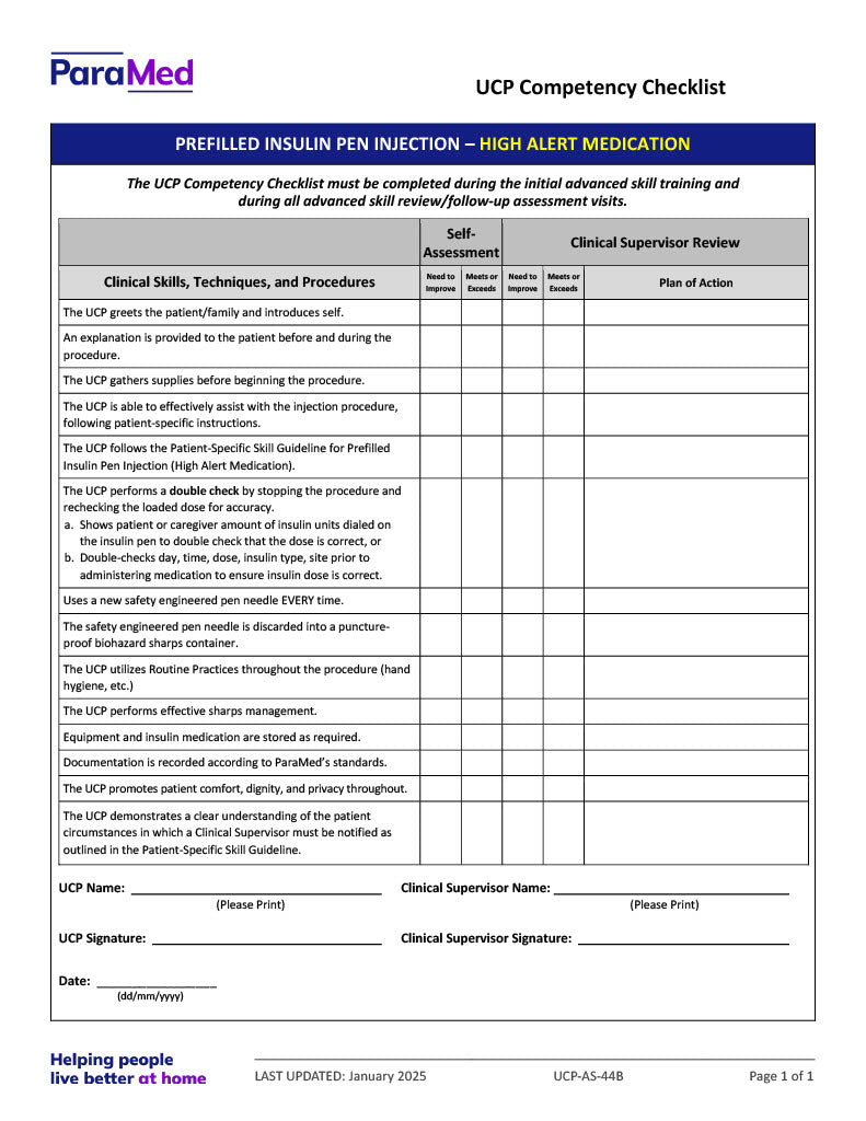 Prefilled Insulin Pen Injection Competency Checklist Extendicare