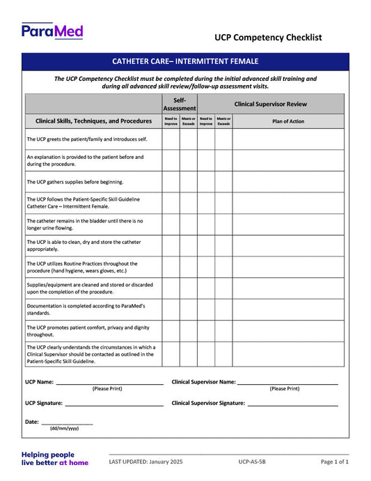 Catheter Care – Intermittent - Female (Competency Checklist)