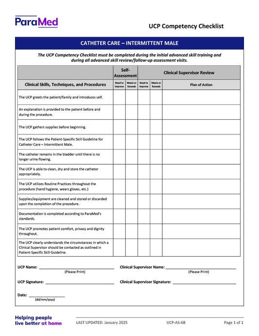 Catheter Care – Intermittent - Male (Competency Checklist)