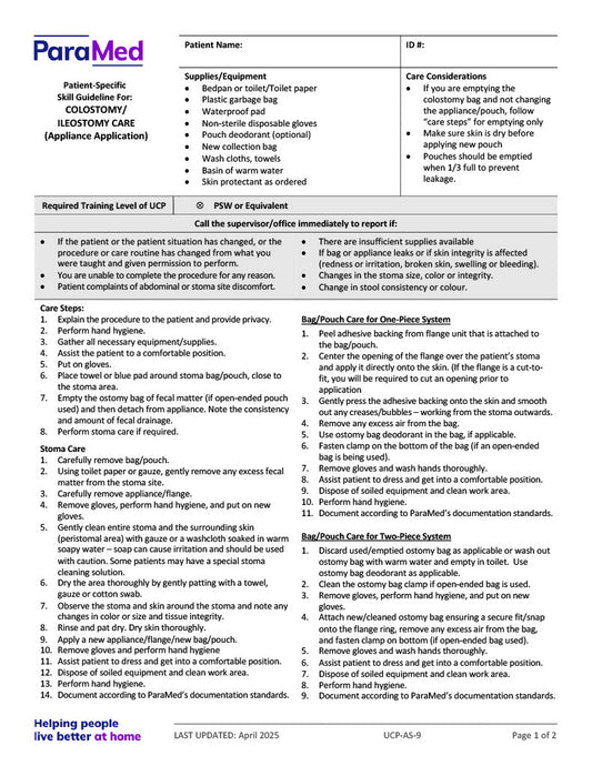 Colostomy/Ileostomy Care – (appliance application) (Skill Guideline)