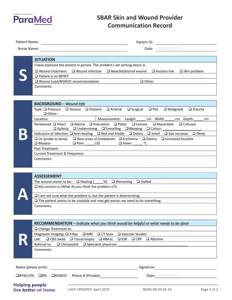 SBAR Skin and Wound Provider Communication Record
