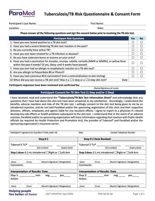 Tuberculosis/TB Risk Questionnaire & Consent Form - page 1