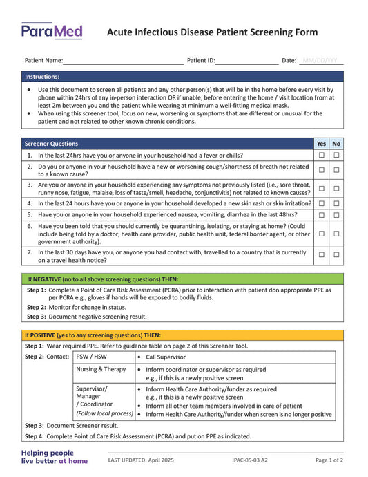 Acute Infectious Disease Patient Screening Form