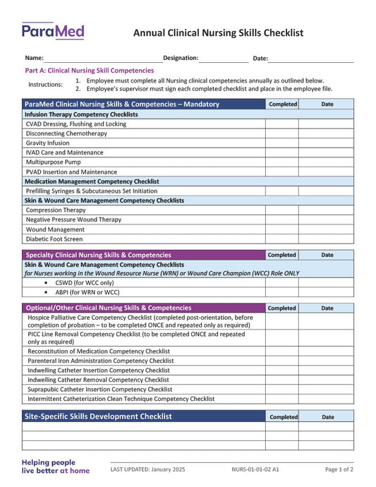 Annual Clinical Nursing Skills Checklist