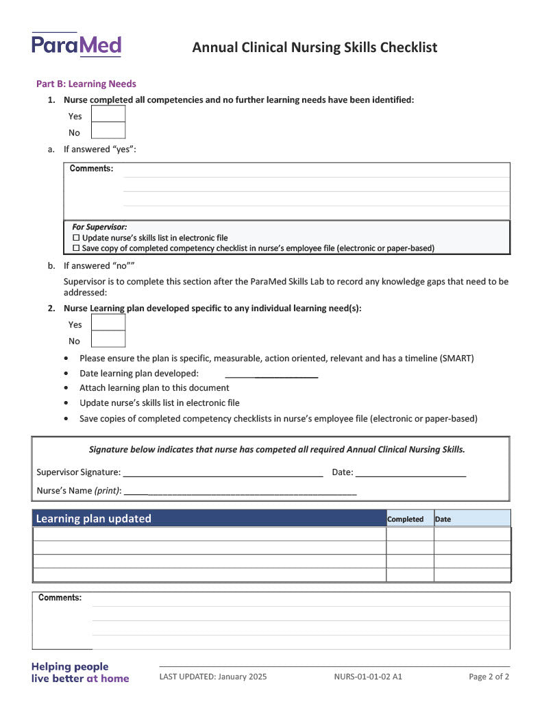 Annual Clinical Nursing Skills Checklist