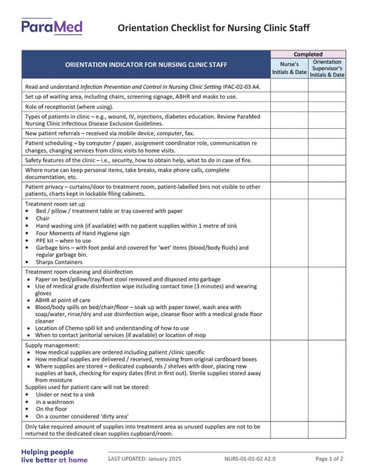 Orientation Checklist for Nursing Clinic Staff
