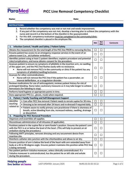 PICC Line Removal Competency Checklist
