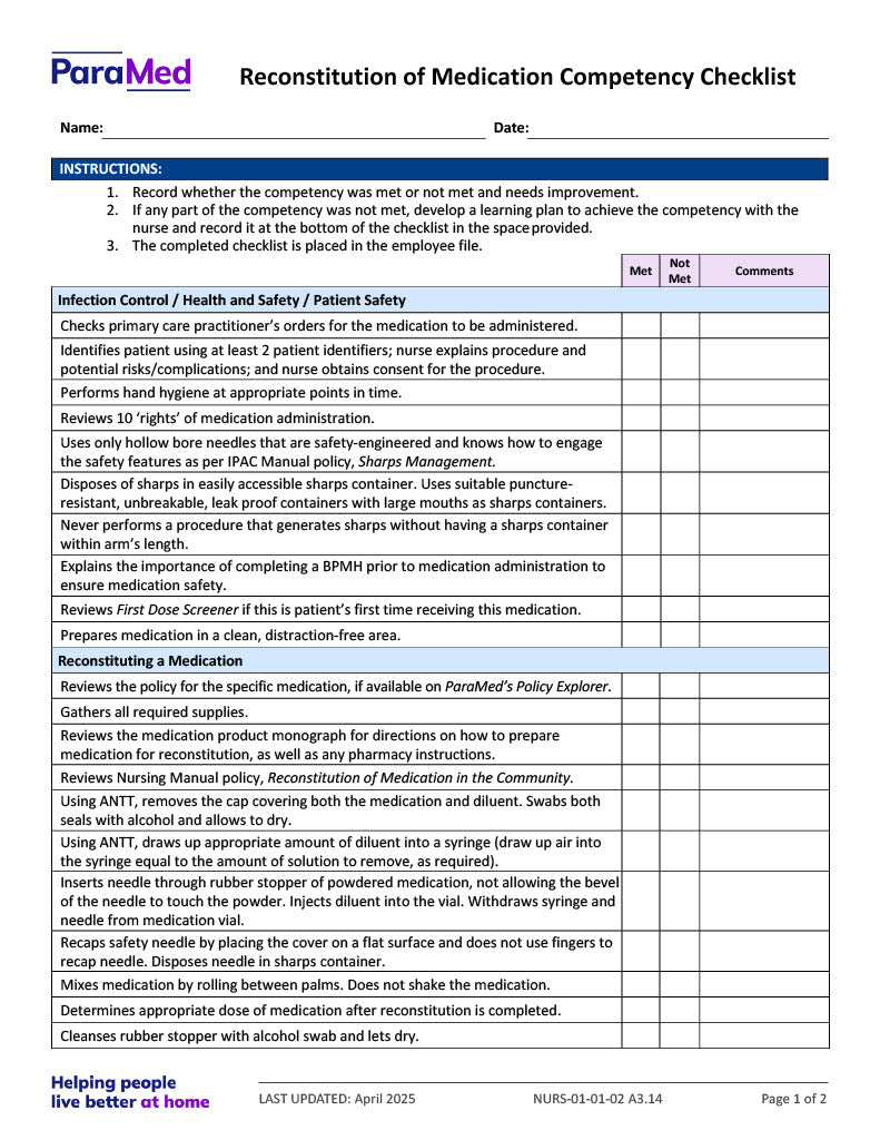 Reconstitution of Medication Competency Checklist – Extendicare Print Shop