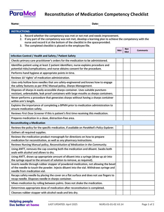 Reconstitution of Medication Competency Checklist
