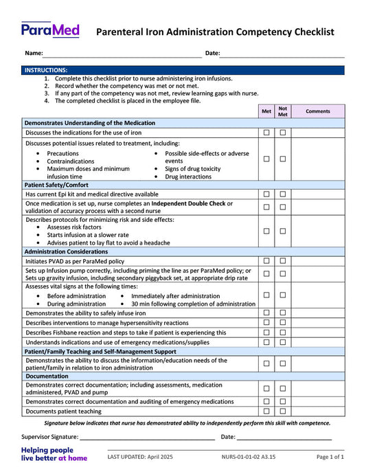 Parenteral Iron Administration Competency Checklist