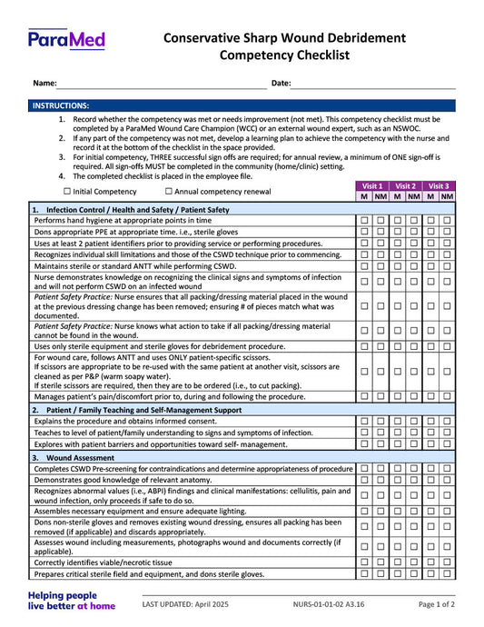 Conservative Sharp Wound Debridement (CSWD) Competency Checklist