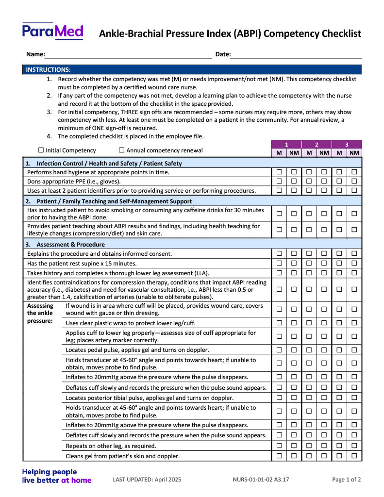 Ankle-Brachial Pressure Index (ABPI) Competency Checklist – Extendicare ...