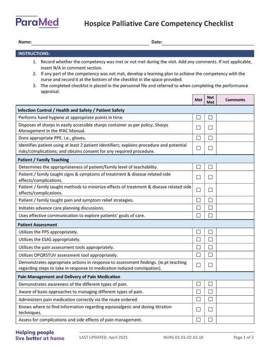 Hospice Palliative Care Competency Checklist