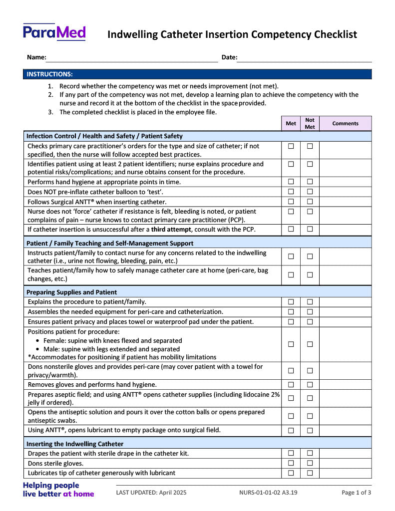 Indwelling Catheter Insertion Competency Checklist – Extendicare Print Shop