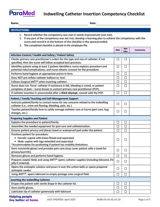 Indwelling Catheter Insertion Competency Checklist