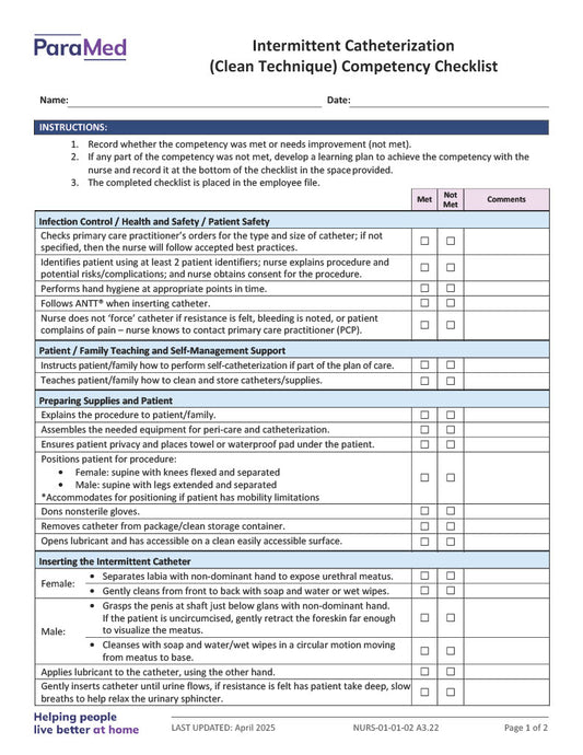 Intermittent Catheterization Clean Technique Competency Checklist