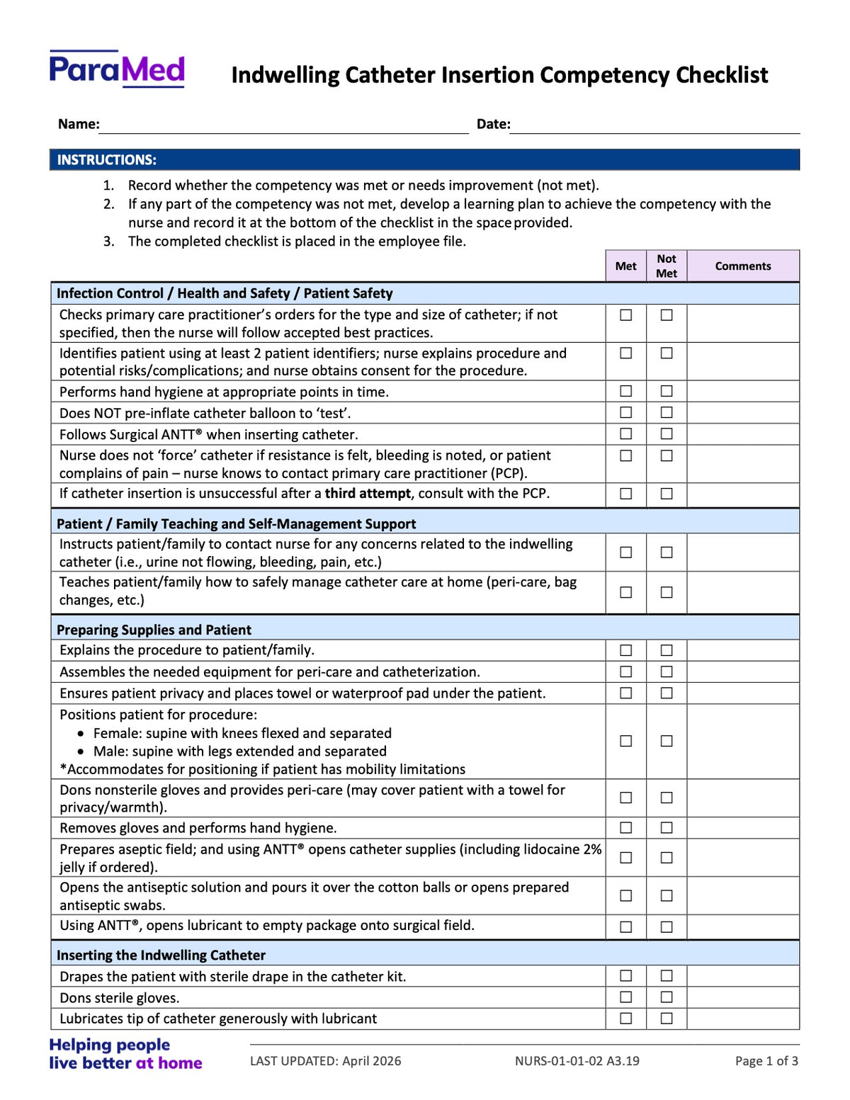 Indwelling Catheter Insertion Competency Checklist - page 1