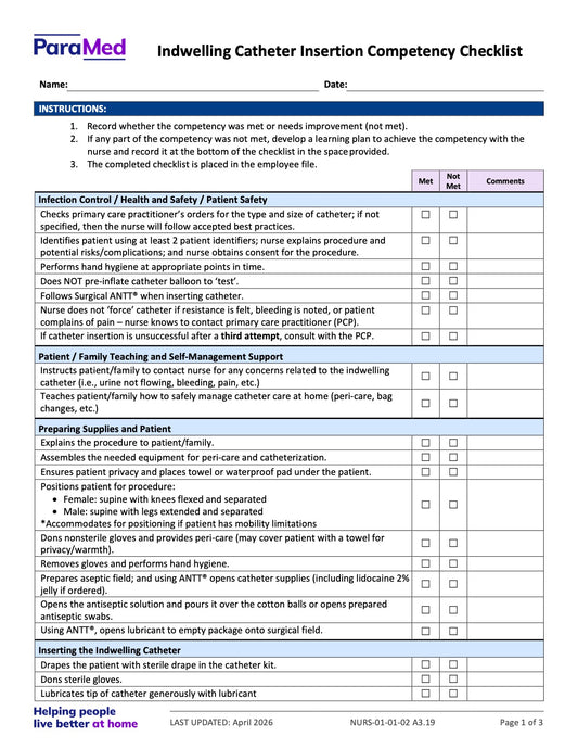 Indwelling Catheter Insertion Competency Checklist - page 1