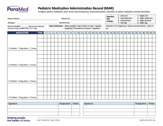 Pediatric Medication Administration Record (MAR) - page 1