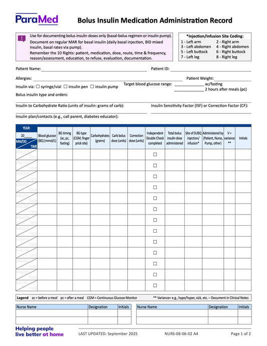 Bolus Insulin Medication Administration Record - page 1