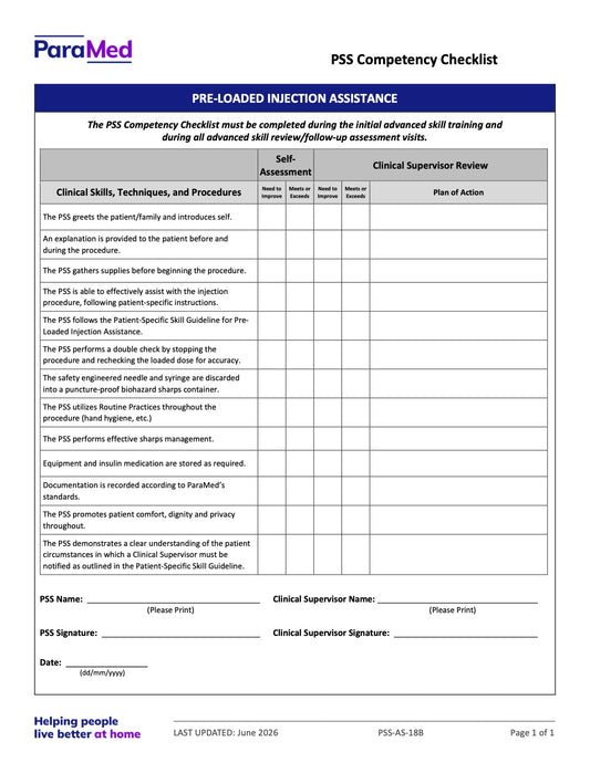 Pre-Loaded Injection Assistance (Competency Checklist) - page 1