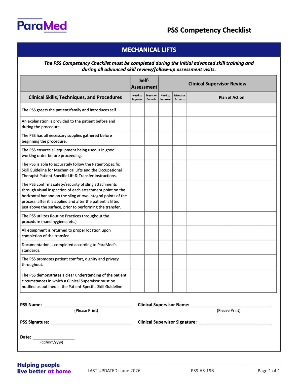 Mechanical Lifts (Competency Checklist) - page 1