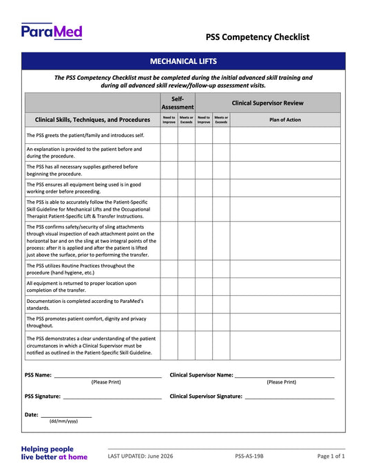 Mechanical Lifts (Competency Checklist) - page 1