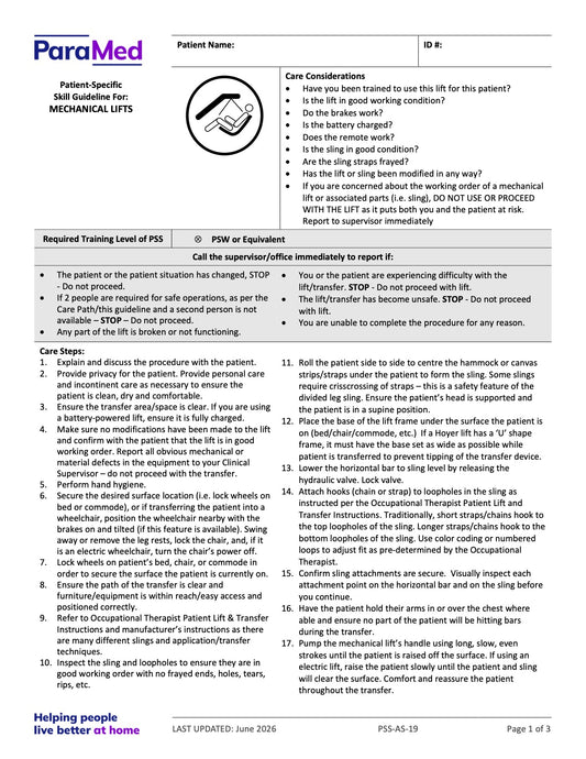 Mechanical Lifts (Skill Guideline) - page 1
