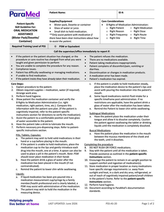 Oral Medication Assistance (Skill Guideline) - page 1