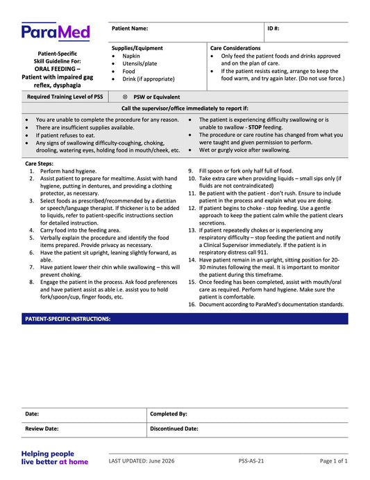 Oral Feeding - Patient With Impaired Gag Reflex, Dysphagia (Skill Guideline) - page 1