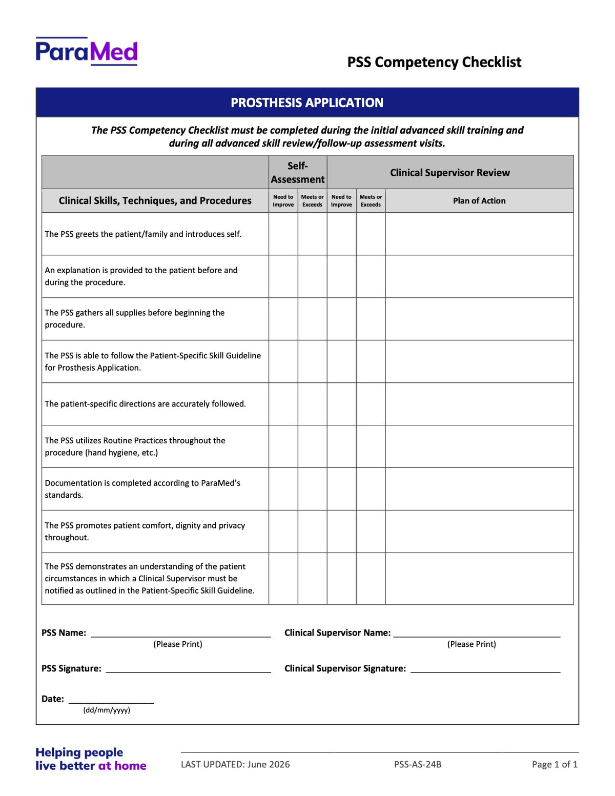 Prosthesis Application (Competency Checklist) - page 1