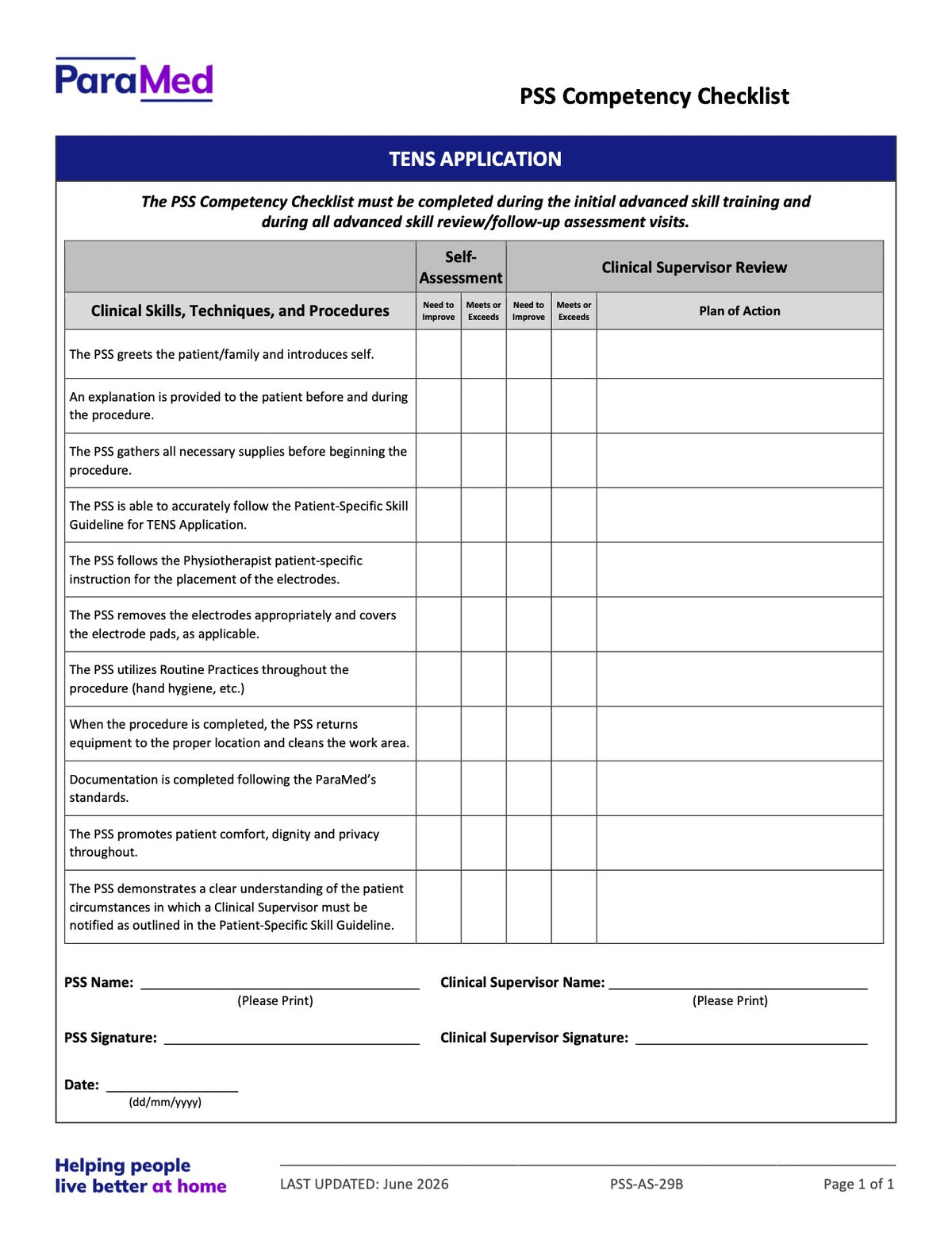 TENS Application (Competency Checklist) - page 1