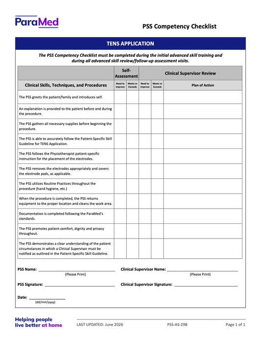 TENS Application (Competency Checklist) - page 1